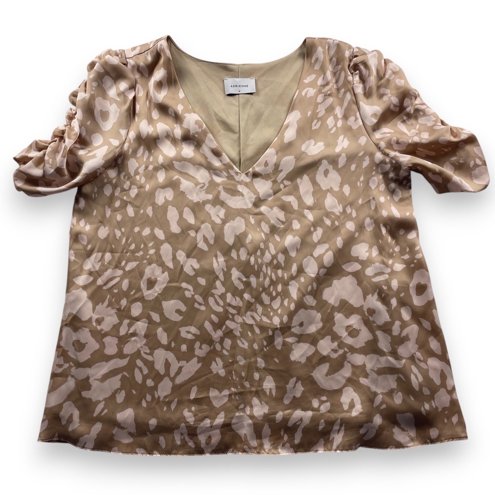 Adrienne Leopard Print V-Neck Satin Blouse Tan Ruched Puff Sleeve Top M 2489SAM